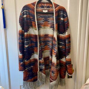 Lucky Brand Fringe Cardigan Sweater XL Southwest Boho Western Cozy